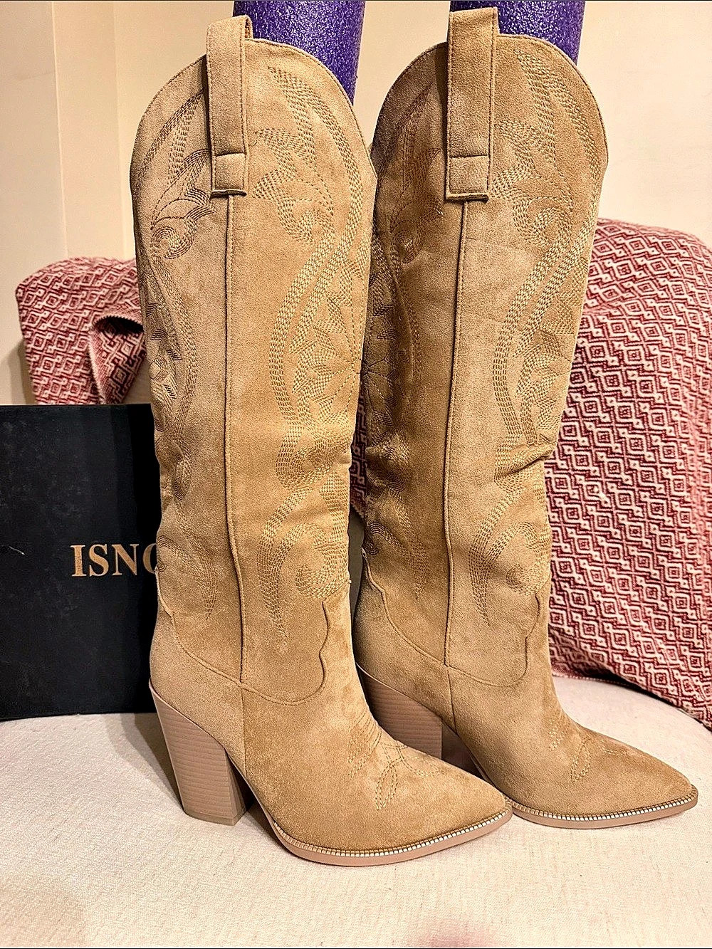 ISNOM Women's Western Knee High Cowboy Boots Pointed Toe Chunky Block Heel
